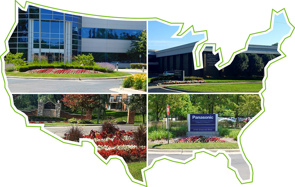 Map outline of United States with four photos inside