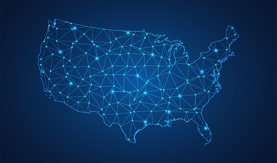 Blue tone illustration of United States map with connection lines within